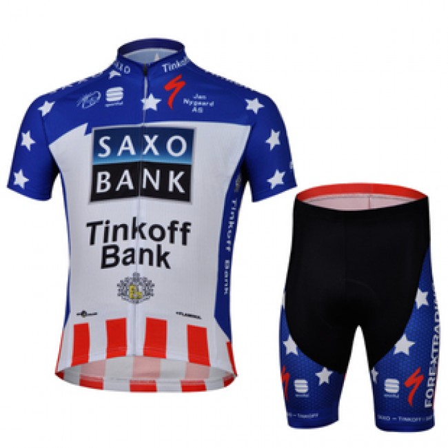 2013 Saxo Bank Tinkoff USA Champion Radtrikot Kurzarm und Kurz Radhose Kits Blau Weiß Rot Radtrikot Kaufen