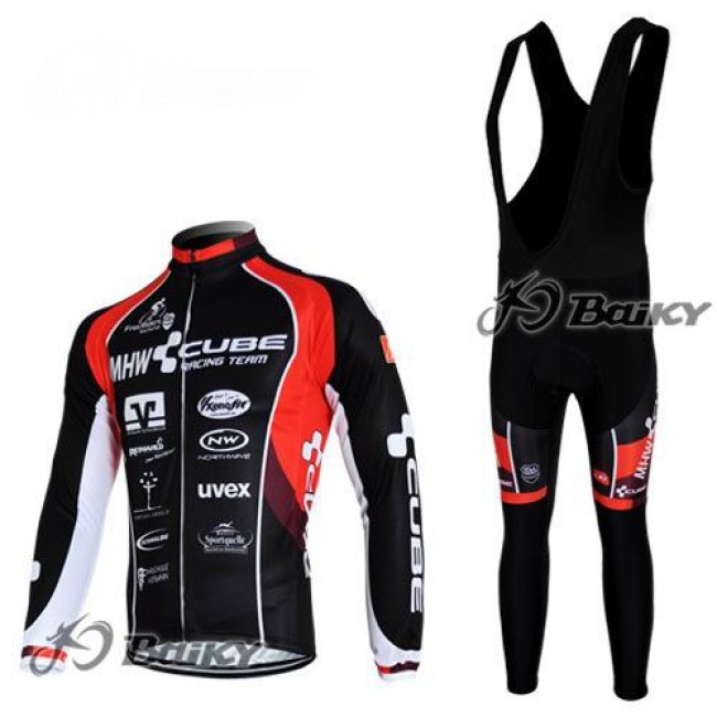 MHW Cube Racing Team Fahrradbekleidung Radtrikot Satz Langarm und Lange Trägerhose Rot Schwarz Radtrikot Kaufen