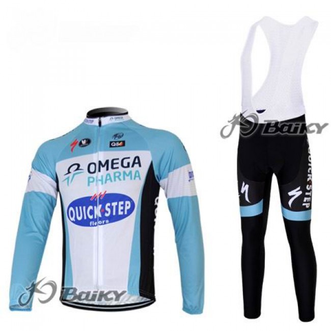 Omega Pharma Quick Step Pro Team Fahrradbekleidung Radtrikot Satz Langarm und Lange Trägerhose Blau Weiß Radtrikot Kaufen