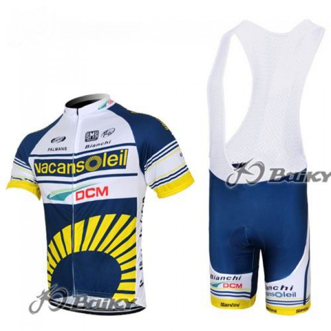 2012 Vacansoleil-DCM Fahrradbekleidung Satz Fahrradtrikot Kurzarm Trikot und Kurz Trägerhose Weiß Blau Gelb Radtrikot Kaufen